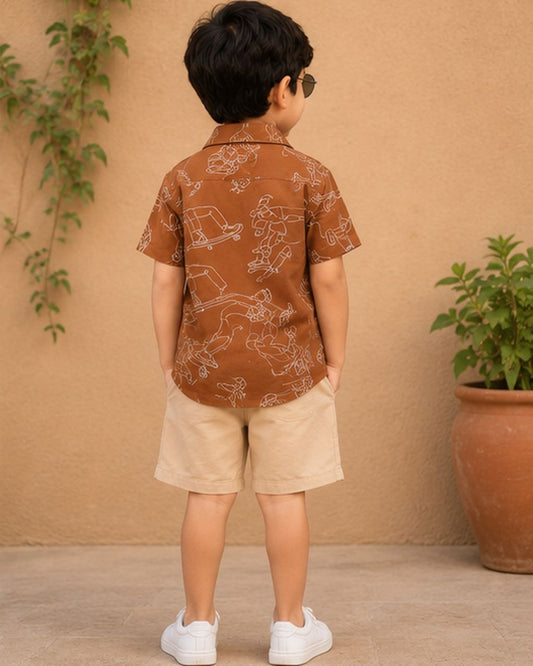 Boys Brown Printed Half Sleeve Shirt | Stylish Casual Summer Shirt for Kids