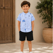 Boys Light Blue Printed Half Sleeve Cotton Shirt | Stylish Casual Summer Wear for Kids