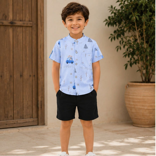 Boys Light Blue Printed Half Sleeve Cotton Shirt | Stylish Casual Summer Wear for Kids