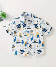 Boys White Printed Half Sleeve Shirt | Cute Robot & Space Theme Casual Shirt for Kids