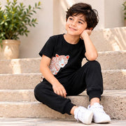 Boys Black Printed T-Shirt & Jogger Set – Stylish Casual Co-Ord Set