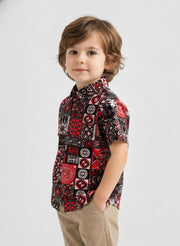 Boys Red & Black Geometric Print Half Sleeve Shirt