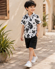 Boys White & Black Floral Printed Half Sleeve Shirt | Stylish Casual Summer Wear for Kids