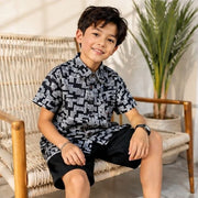 Boys Black & Grey Abstract Print Half Sleeve Casual Shirt