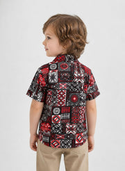 Boys Red & Black Geometric Print Half Sleeve Shirt