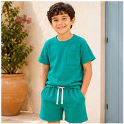 Boys Solid Teal Green Co-Ord Set | Half Sleeve T-Shirt with Pocket & Matching Shorts