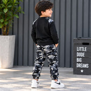 Kids Black Full Sleeve T-Shirt with Grey Camouflage Jogger Set