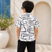 Little Trends Boys Abstract Printed Half Sleeve Casual Shirt | White & Black Stylish Shirt