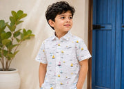 Boys White Mini Sailboat Print Half Sleeve Casual Shirt