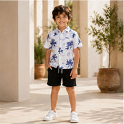 Boys White & Blue Tropical Printed Half Sleeve Shirt | Stylish Beach Casual Shirt for Kids