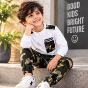Kids White Full Sleeve T-Shirt with Camouflage Jogger Set