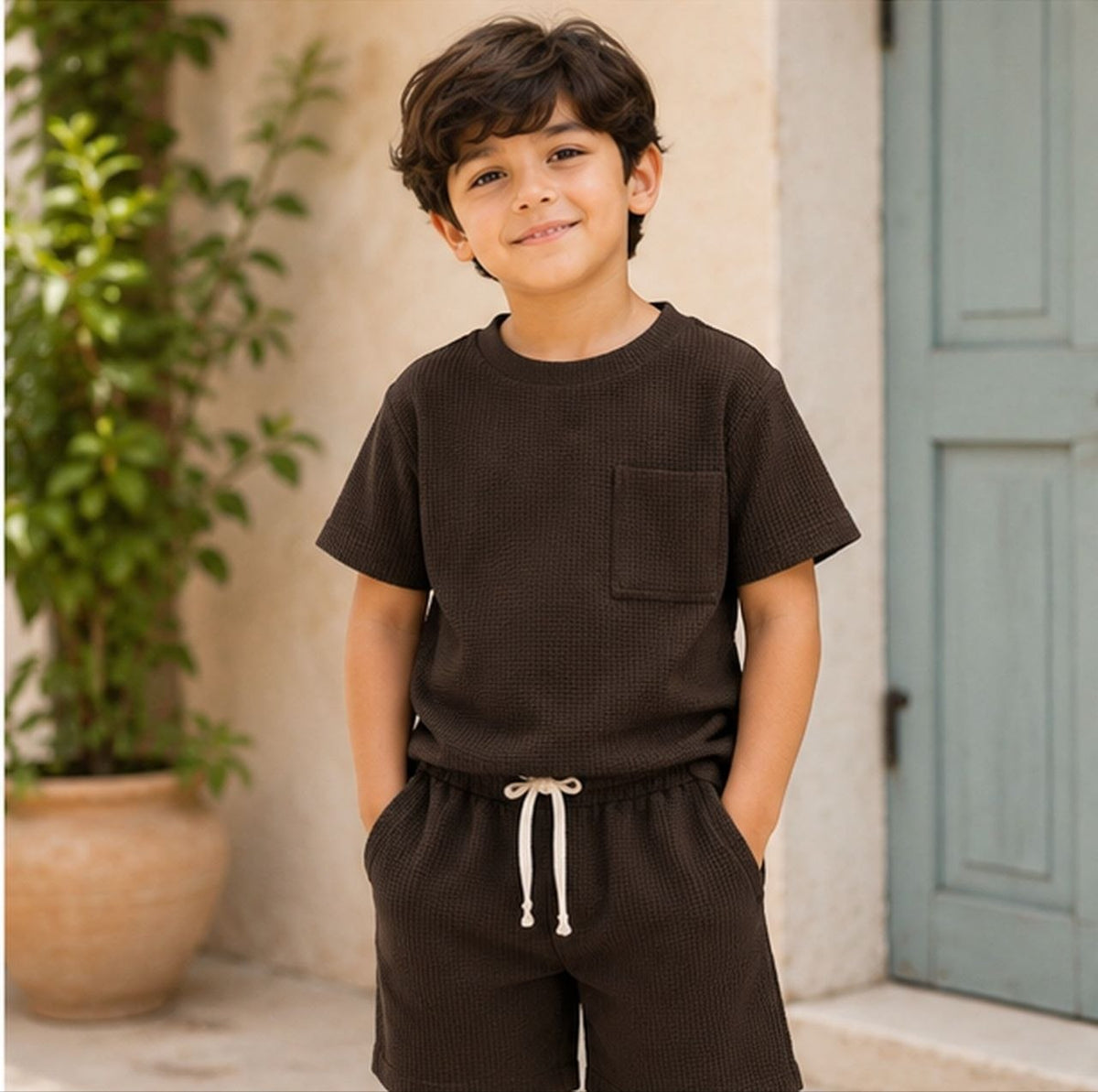 Boys Solid Brown Co-Ord Set | Half Sleeve T-Shirt with Pocket & Matching Shorts