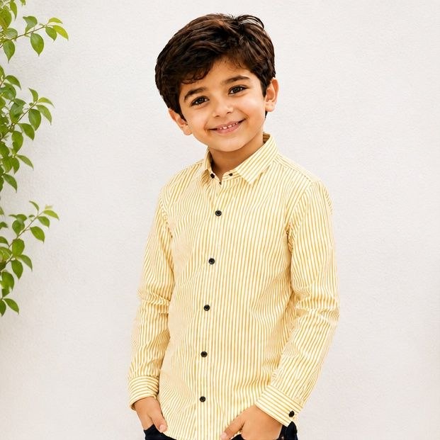 Boys Yellow & White Vertical Striped Full Sleeve Casual Shirt