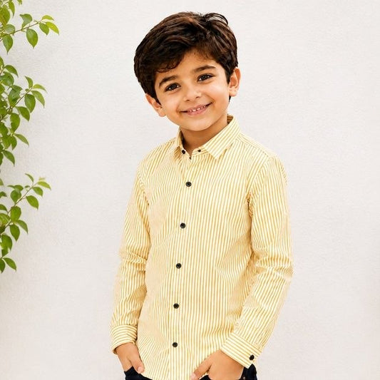 Boys Yellow & White Vertical Striped Full Sleeve Casual Shirt