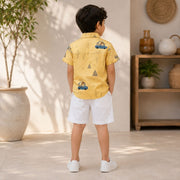 Boys Yellow Car Print Half Sleeve Casual Shirt