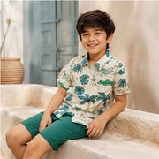 Little Trends Boys Tropical Printed Half Sleeve Shirt | Cream Casual Beachwear Shirt