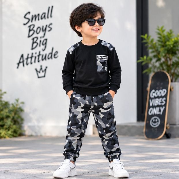 Kids Black Full Sleeve T-Shirt with Grey Camouflage Jogger Set