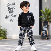 Kids Black Full Sleeve T-Shirt with Grey Camouflage Jogger Set