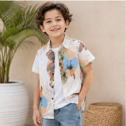 Boys White Abstract Print Half Sleeve Casual Shirt