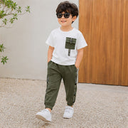 Boys White T-Shirt & Olive Green Jogger Pants Set | Stylish Casual Co-Ord Outfit