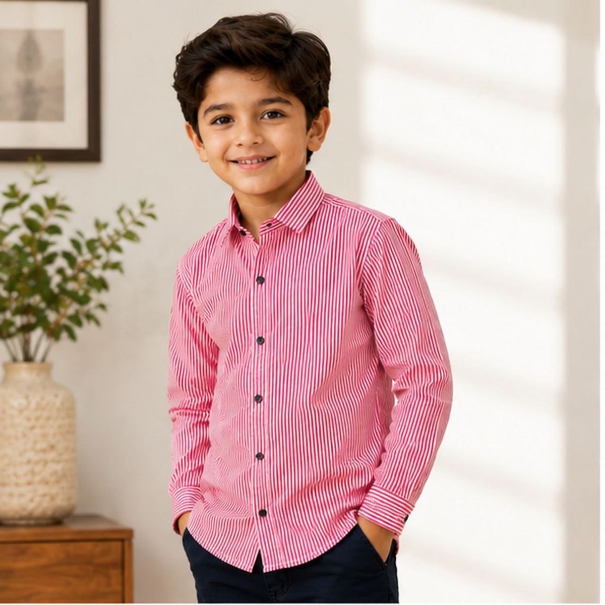 Boys Red & White Vertical Striped Full Sleeve Casual Shirt
