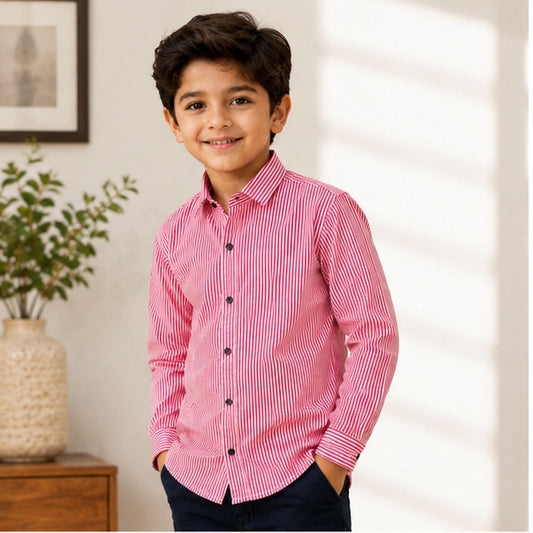 Boys Red & White Vertical Striped Full Sleeve Casual Shirt