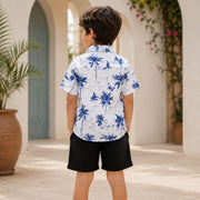 Boys White & Blue Tropical Printed Half Sleeve Shirt | Stylish Beach Casual Shirt for Kids