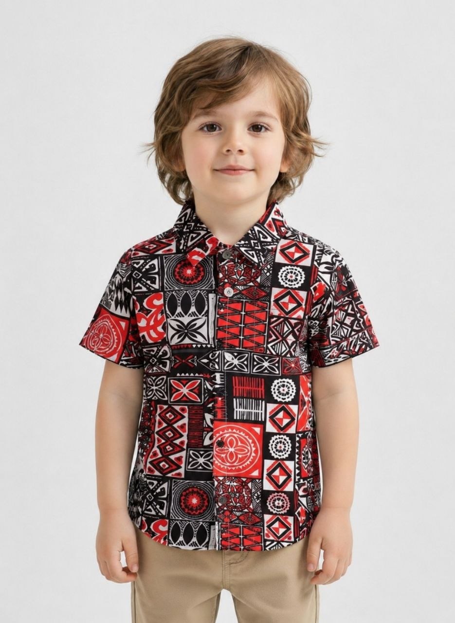 Boys Red & Black Geometric Print Half Sleeve Shirt