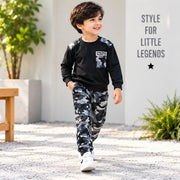 Kids Black Full Sleeve T-Shirt with Grey Camouflage Jogger Set