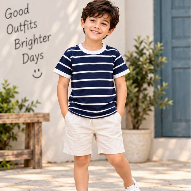 Boys Navy Blue Striped T-Shirt – Stylish Casual Half Sleeve T-Shirt