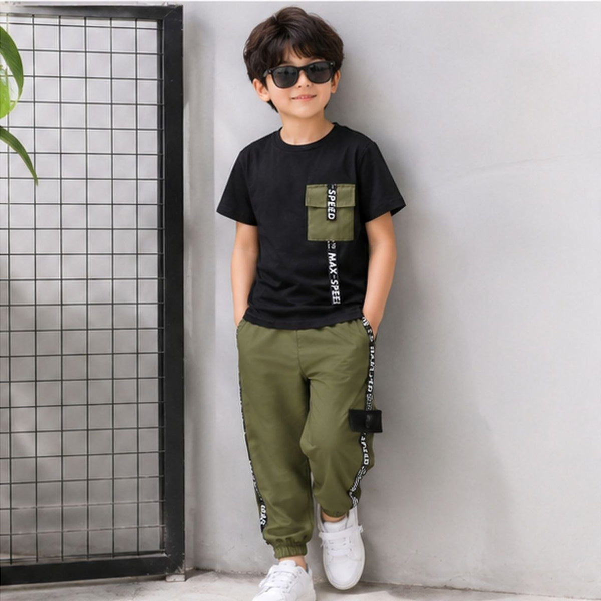 Boys Black T-Shirt & Olive Green Jogger Pants Set | Stylish Casual Co-Ord Outfit