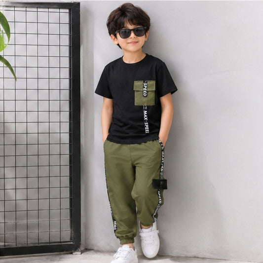 Boys Black T-Shirt & Olive Green Jogger Pants Set | Stylish Casual Co-Ord Outfit