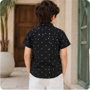 Boys Black Mini Print Half Sleeve Casual Shirt