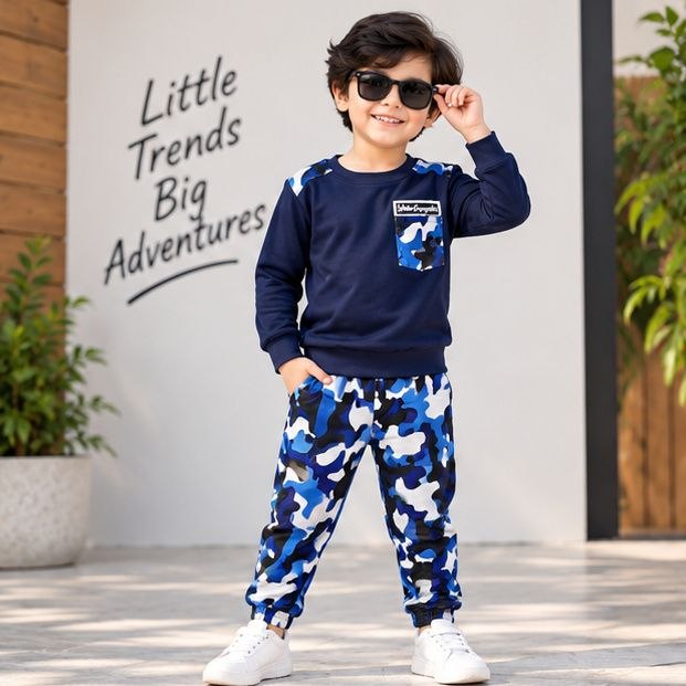 Kids Navy Blue Full Sleeve T-Shirt with Blue Camouflage Jogger Set