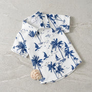 Boys White & Blue Tropical Printed Half Sleeve Shirt | Stylish Beach Casual Shirt for Kids