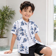 Boys White & Blue Floral Print Half Sleeve Casual Shirt