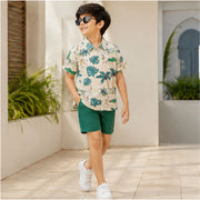 Little Trends Boys Tropical Printed Half Sleeve Shirt | Cream Casual Beachwear Shirt