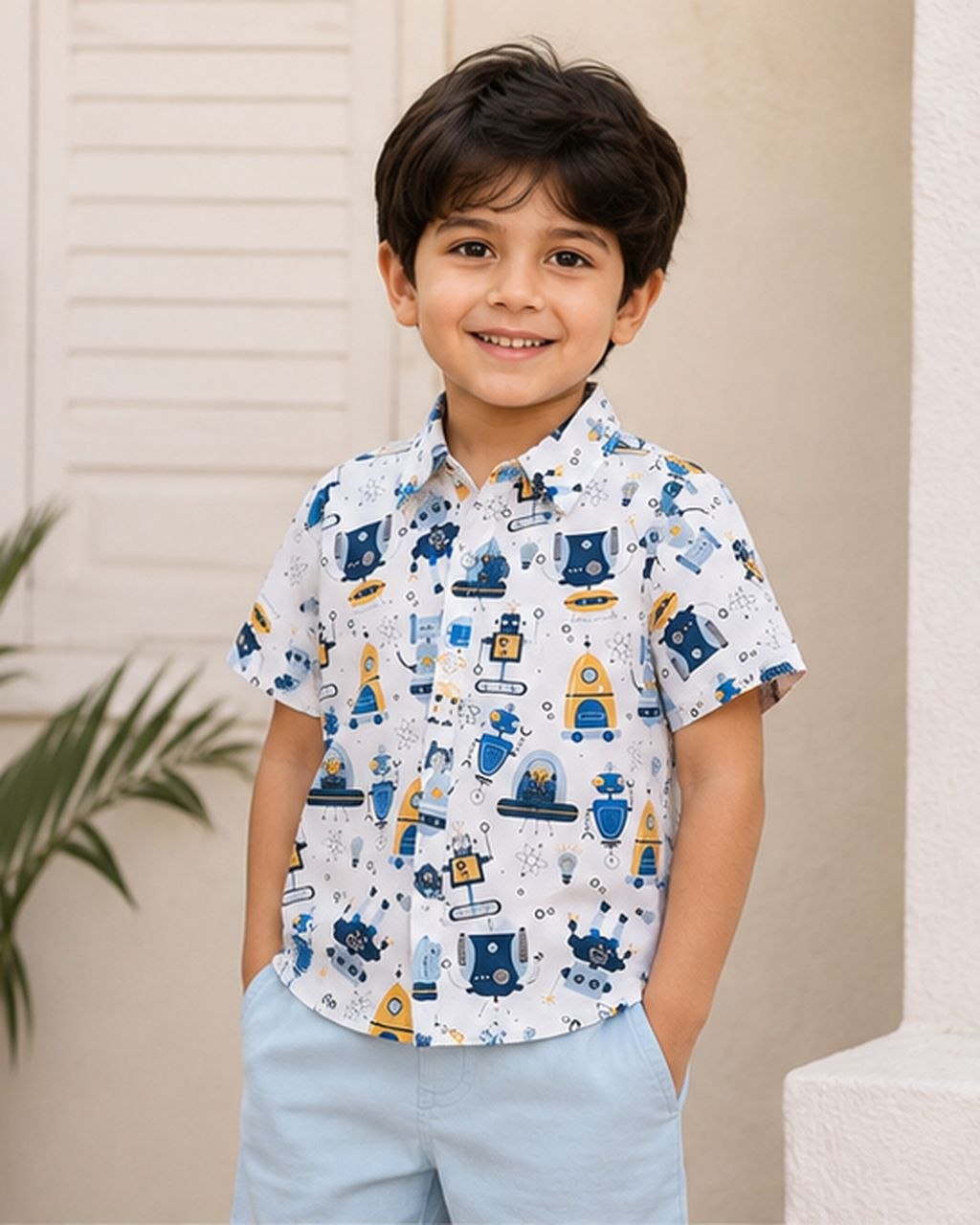 Boys White Printed Half Sleeve Shirt | Cute Robot & Space Theme Casual Shirt for Kids