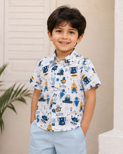 Boys White Printed Half Sleeve Shirt | Cute Robot & Space Theme Casual Shirt for Kids