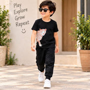 Boys Black Printed T-Shirt & Jogger Set – Stylish Casual Co-Ord Set
