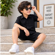 Kids Black Half Sleeve Shirt & Shorts Set