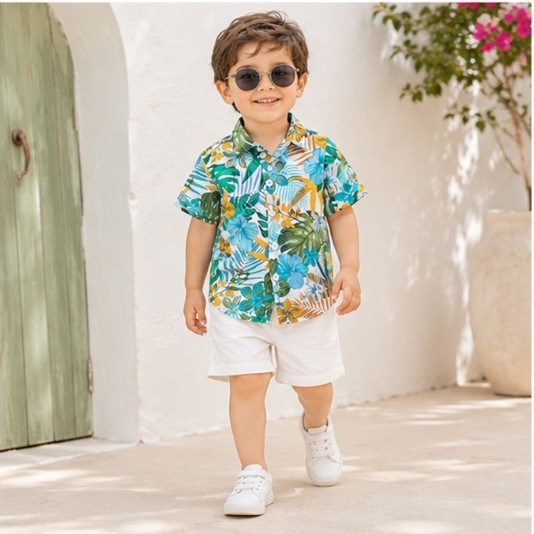 Boys Blue & Green Tropical Floral Print Half Sleeve Shirt