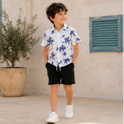 Boys White & Blue Tropical Printed Half Sleeve Shirt | Stylish Beach Casual Shirt for Kids