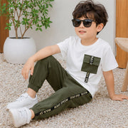 Boys White T-Shirt & Olive Green Jogger Pants Set | Stylish Casual Co-Ord Outfit