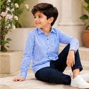 Boys Blue & White Vertical Striped Full Sleeve Casual Shirt