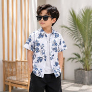 Boys White & Blue Floral Print Half Sleeve Casual Shirt