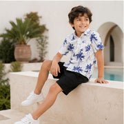 Boys White & Blue Tropical Printed Half Sleeve Shirt | Stylish Beach Casual Shirt for Kids