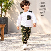 Kids White Full Sleeve T-Shirt with Camouflage Jogger Set