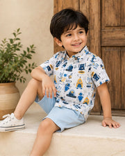 Boys White Printed Half Sleeve Shirt | Cute Robot & Space Theme Casual Shirt for Kids