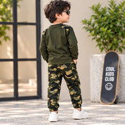 Kids Olive Green Full Sleeve T-Shirt with Camouflage Jogger Set